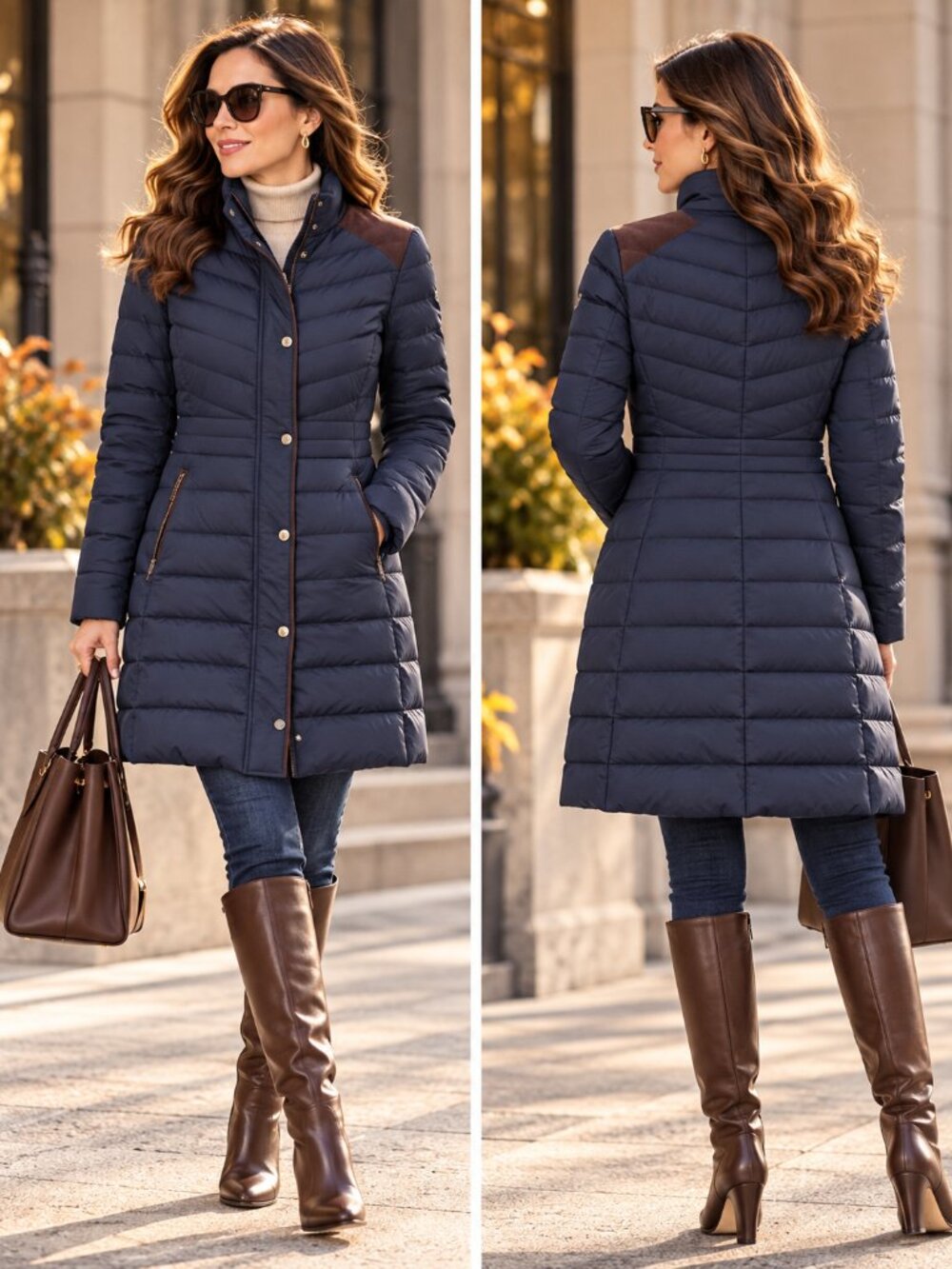 Lauren Ralph Lauren Quilted Down Coat | Navy, Size XS, RL Logo Snap Button